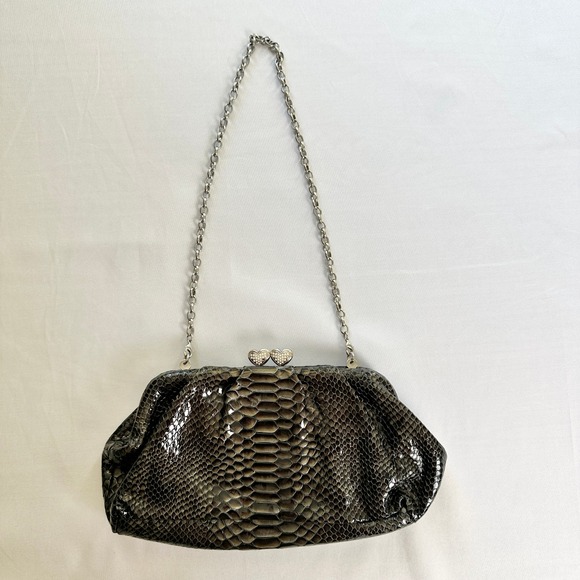 Brighton Handbags - Brighton Clutch Purse Snakeskin Embossed Silver Chain Heart Clasp Evening Bag